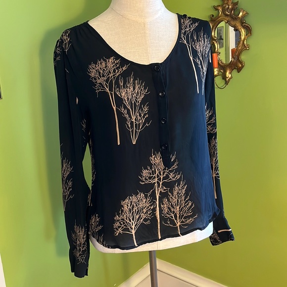 Ulla Johnson for Barneys tree print deep navy silk georgette blouse - Picture 1 of 6